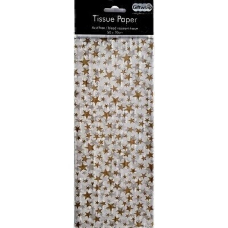 Festive gold star design tissue paper by Swiss designer Stewo.  3 sheets of coloured quality tissue wrapping paper. Acid free and bleed resistant tissue. Approx size: 50cm x 70cm 